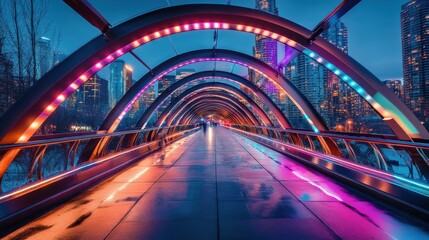Obraz premium Futuristic pedestrian bridge illuminated by vibrant lights at night in a modern urban setting
