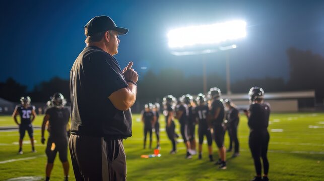 Football coach delivers an inspiring pep talk to his team during a night practice under stadium lights