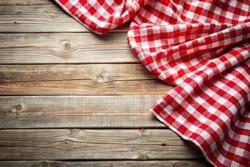 Obraz premium Red and White Checkered Tablecloth on White Wooden Background - Perfect for Picnics, Cafes, and Rustic Decor