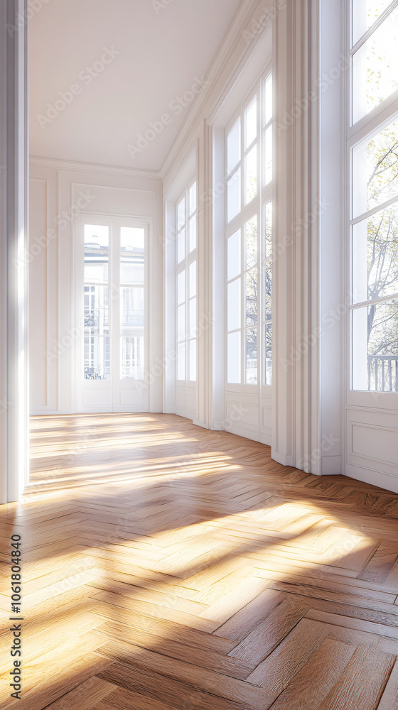 Poster sunlight streaming through windows is illuminating a classic herringbone parquet floor in a corridor