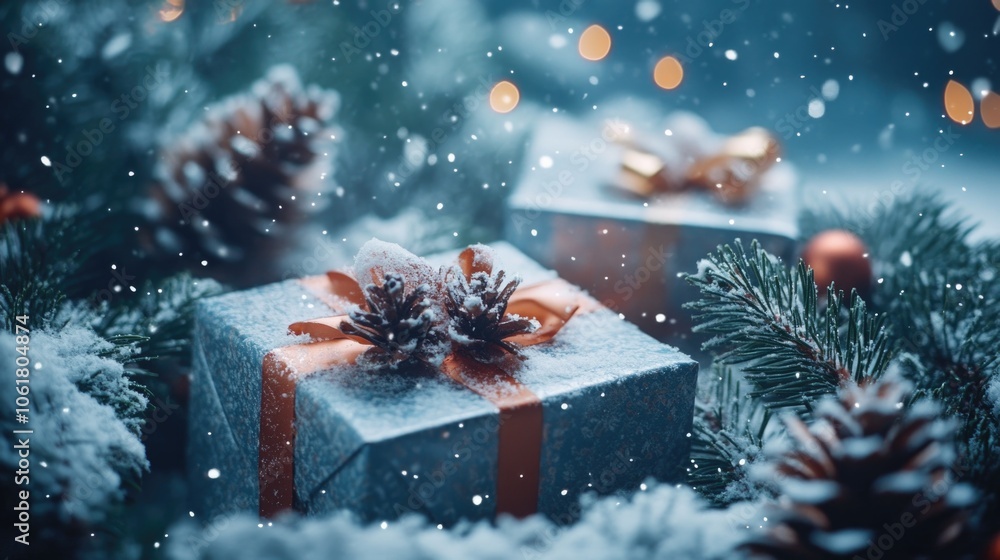 Poster blue box with a red ribbon sits on top of a pine tree covered in snow. the box is decorated with pin