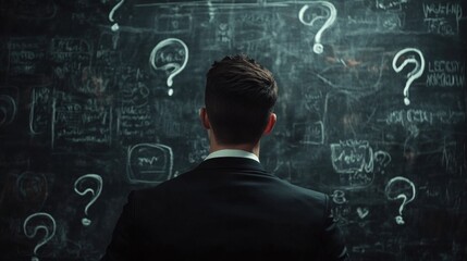 Man in a suit is looking at a chalkboard with many questions on it. The man is deep in thought, possibly trying to solve a problem or answer a question