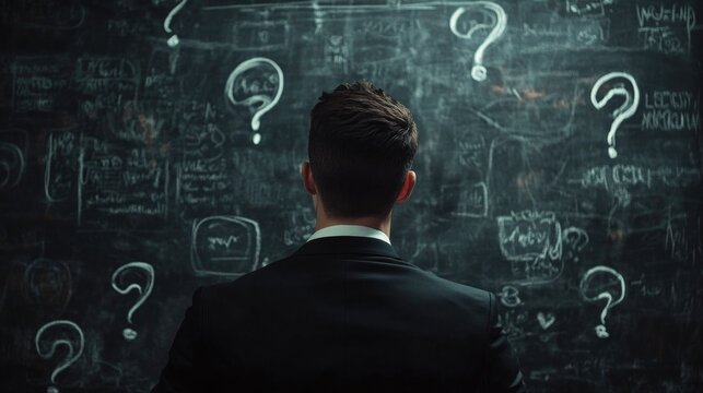 Man in a suit is looking at a chalkboard with many questions on it. The man is deep in thought, possibly trying to solve a problem or answer a question