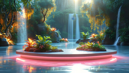 product display podium, shimmering pastel pink, floating on a serene island surrounded by radiant glowing flora, golden light, waterfalls, mountains, peaceful, otherworldly beauty, ad, podium platform