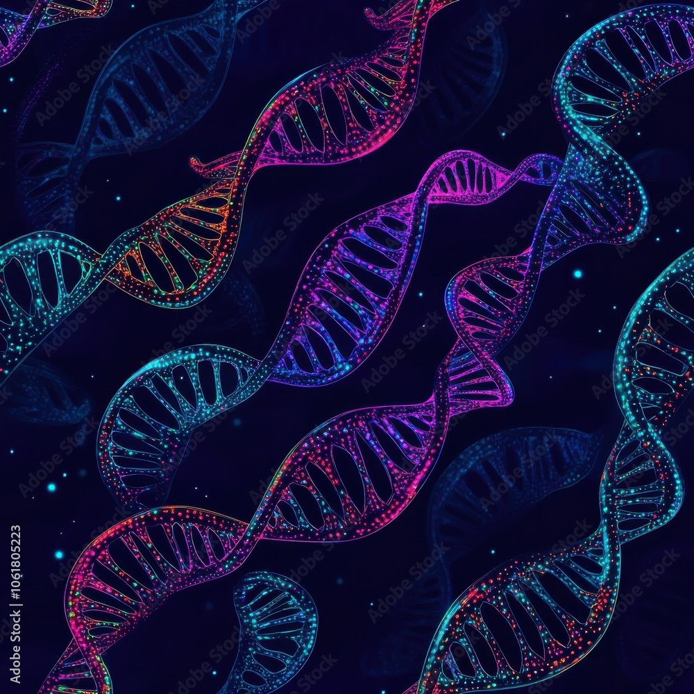 Poster Vibrant visualization of double-helix DNA strands intertwined against a cosmic backdrop showcasing intricate genetic patterns