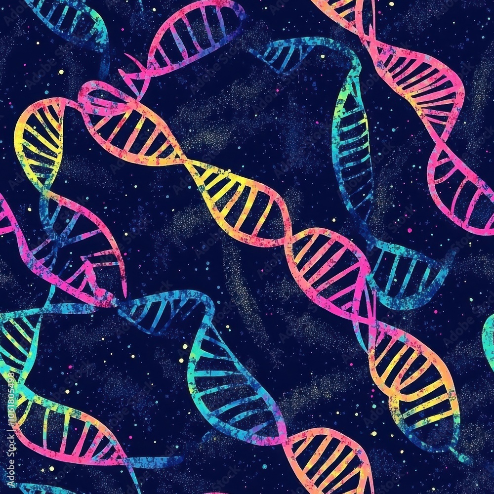 Poster vibrant abstract pattern featuring double-helix dna strands against a dark background