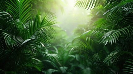 Lush green foliage in a vibrant jungle, illuminated by soft sunlight, creates a tranquil and serene atmosphere.