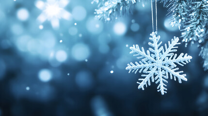 Winter card with white frosty snowflake on blue bokeh background. Magical macro snow backdrop. Holiday celebration greeting card for Christmas New Year. Xmas banner. Winter season concept.