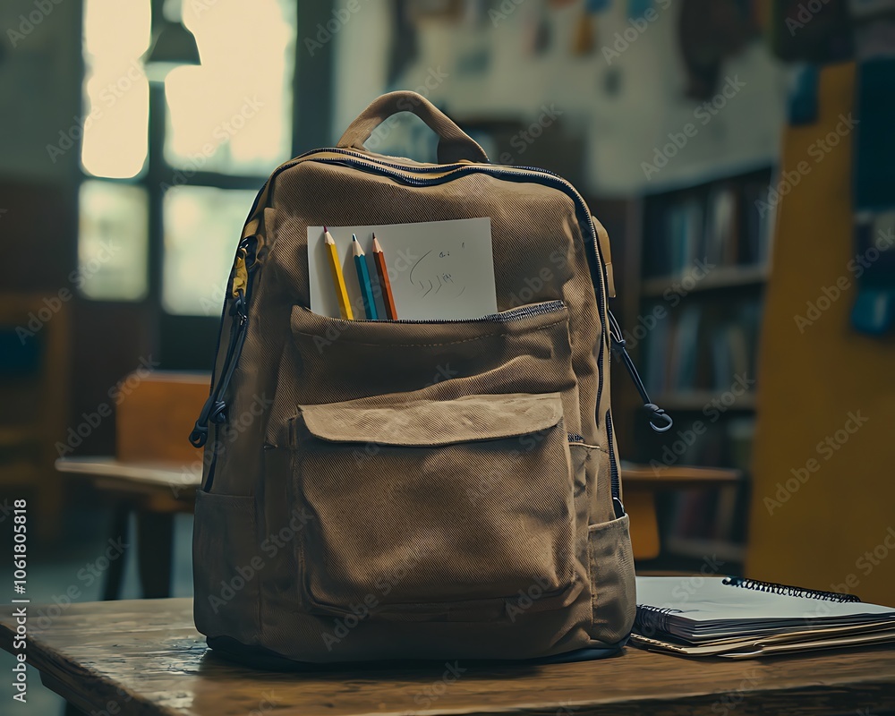 Poster a stylish backpack sits on a desk in a classroom, hinting at a creative environment filled with lear