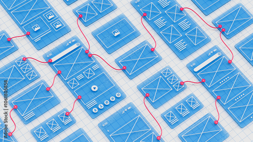 Aufkleber UX UI flowchart connection node graphic designer creative planning application process development data prototype wireframe for web mobile icon phone . User experience concept. 3d rendering.