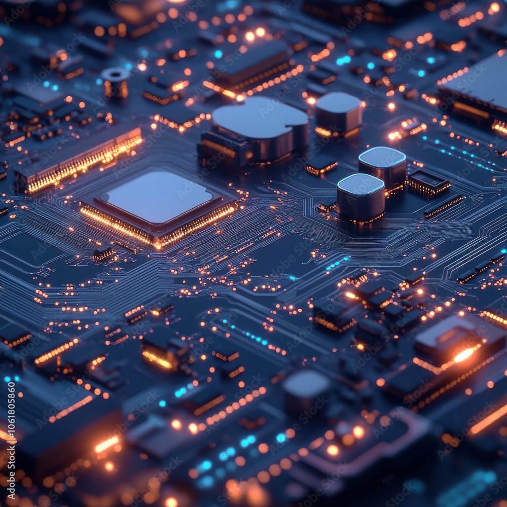 Poster a close-up view of a complex electronic circuit board showcasing intricate paths and glowing element