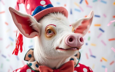 schwein, clown, karneval, close-up, kost&uuml;m, confetti, hintergrund, Per&uuml;cke, fasching, konzept, copy space, gestalten