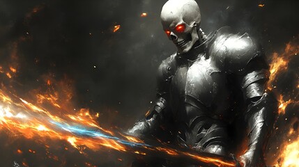 A Gleaming Silver Skeletal Warrior Wielding a Fiery and Icy Sword in Dramatic Apocalyptic Surroundings