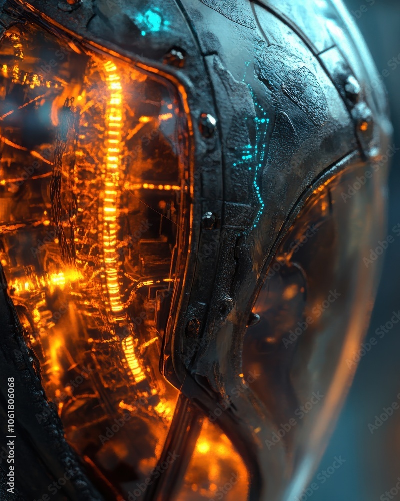 Poster a close-up view of an intricately designed surface featuring glowing circuitry and textures in a fut