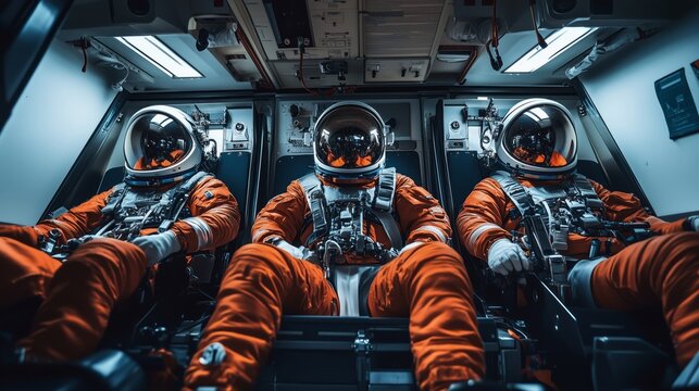 Three astronauts are comfortably seated inside the cockpit of a space shuttle