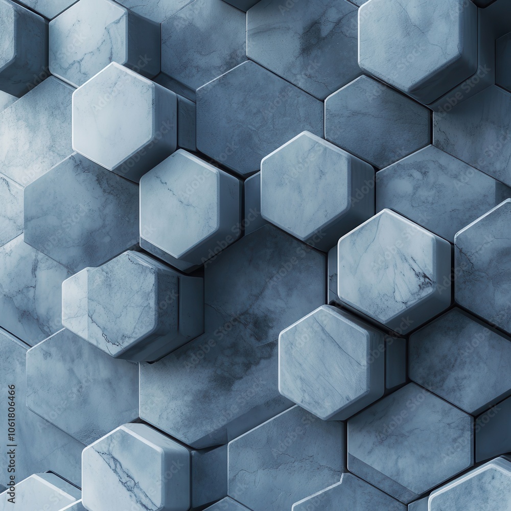 Poster Close-up of hexagonal marble shapes arranged in a modern design, showcasing intricate patterns and textures in a sophisticated layout