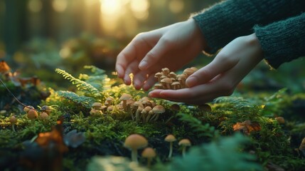 Fototapeta premium Hands carefully picking fresh mushrooms in a lush forest during the golden hour of early evening