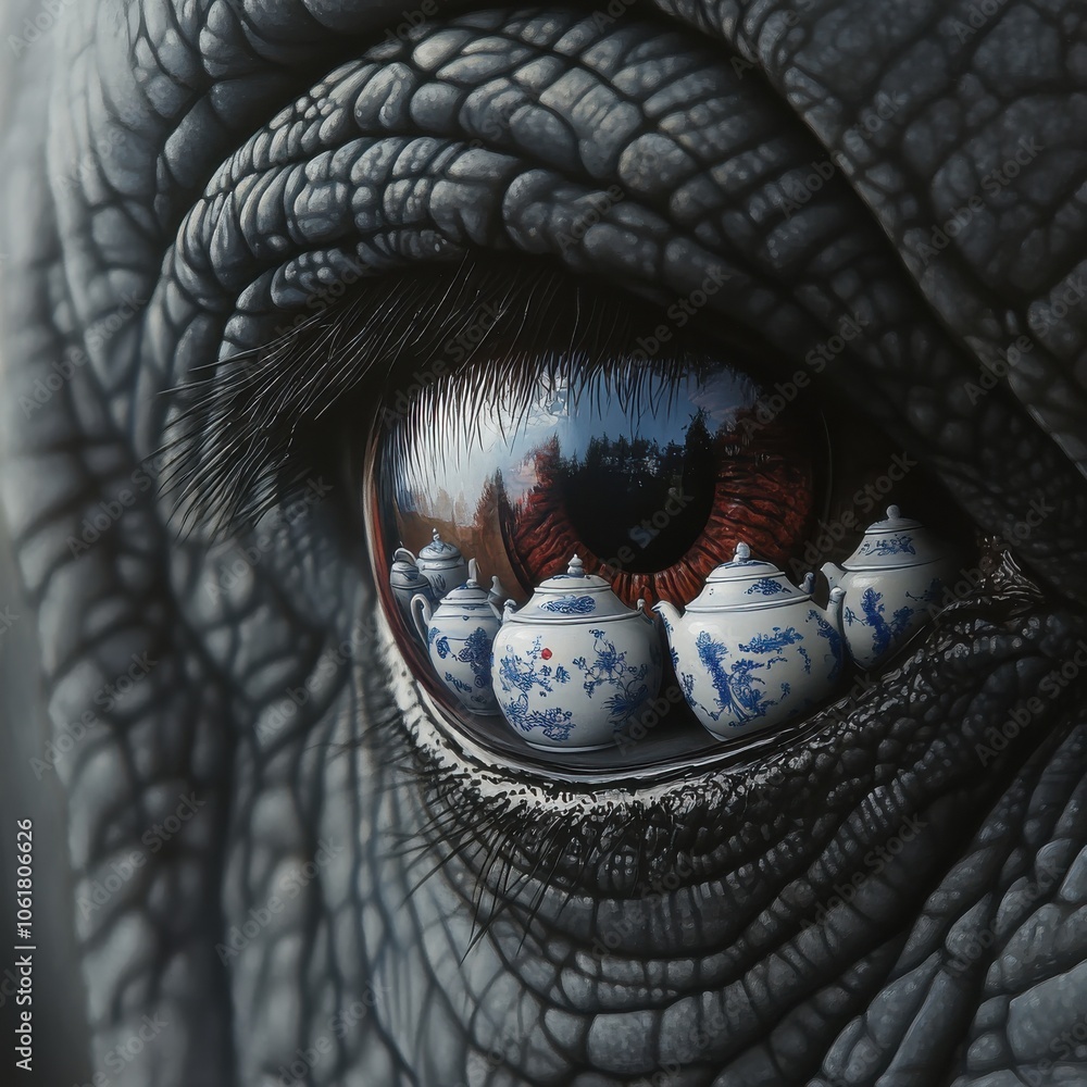 Poster a close-up of an elephant’s eye reflecting intricate rows of porcelain jars at sunset in an enchanti