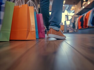 Obraz premium A close-up view of colorful shopping bags on the floor in a vibrant retail store with stylish clothing displayed on racks