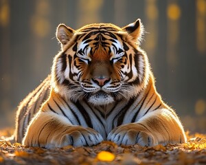 Naklejka premium Majestic Tiger Lying in Sunlit Forest.