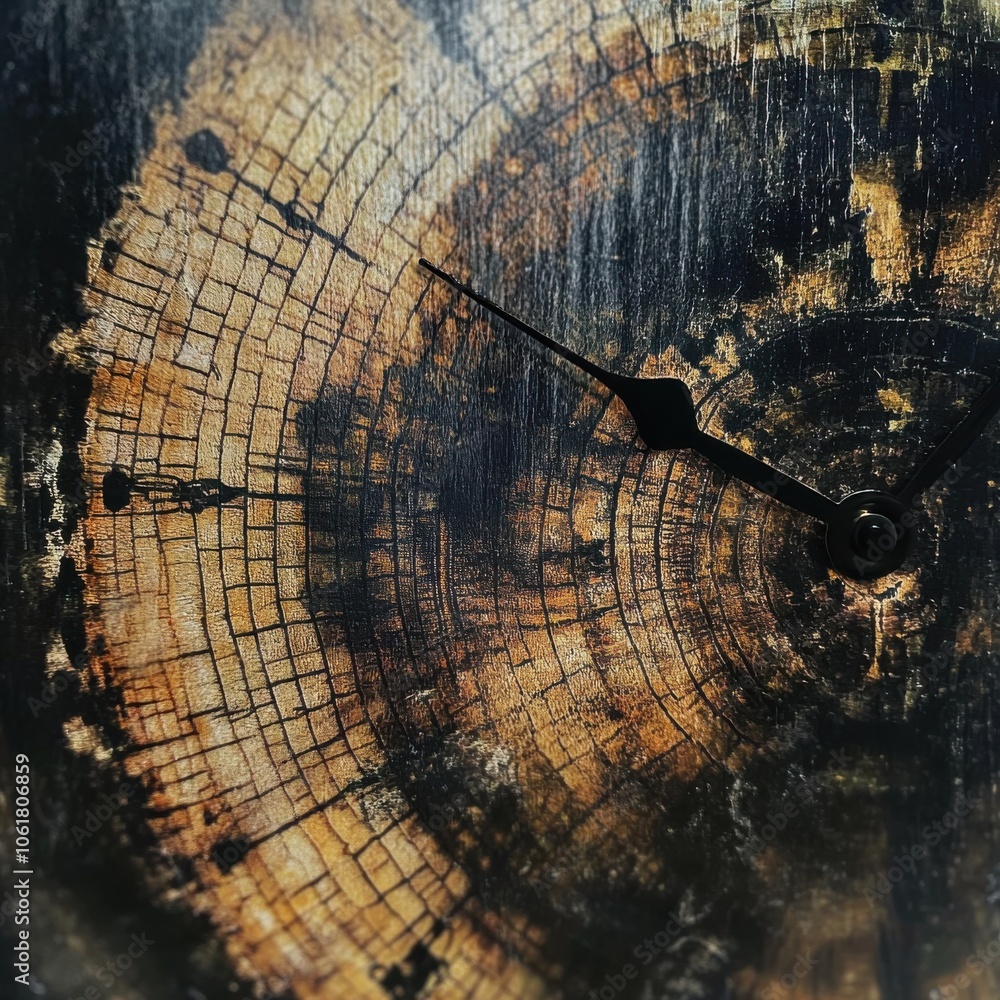Poster close-up of tree rings revealing age and growth patterns with a black clock face accentuating nature