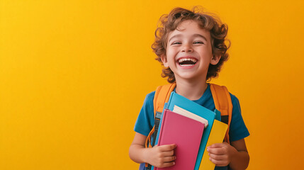 A cheerful young student wearing a colorful school backpack, holding a book and smiling brightly. The child is set against a solid background
