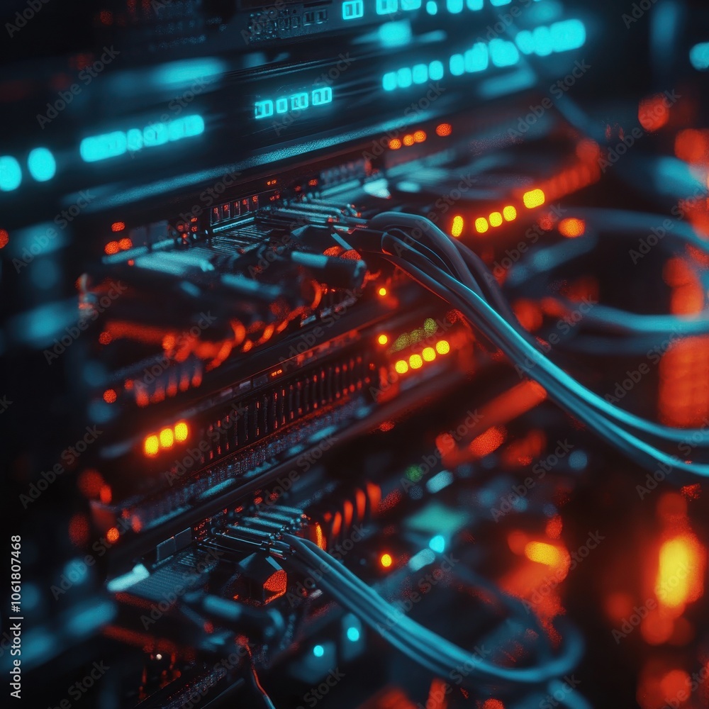 Poster close-up view of a computer server rack illuminated by colorful led lights, showcasing cables and ac