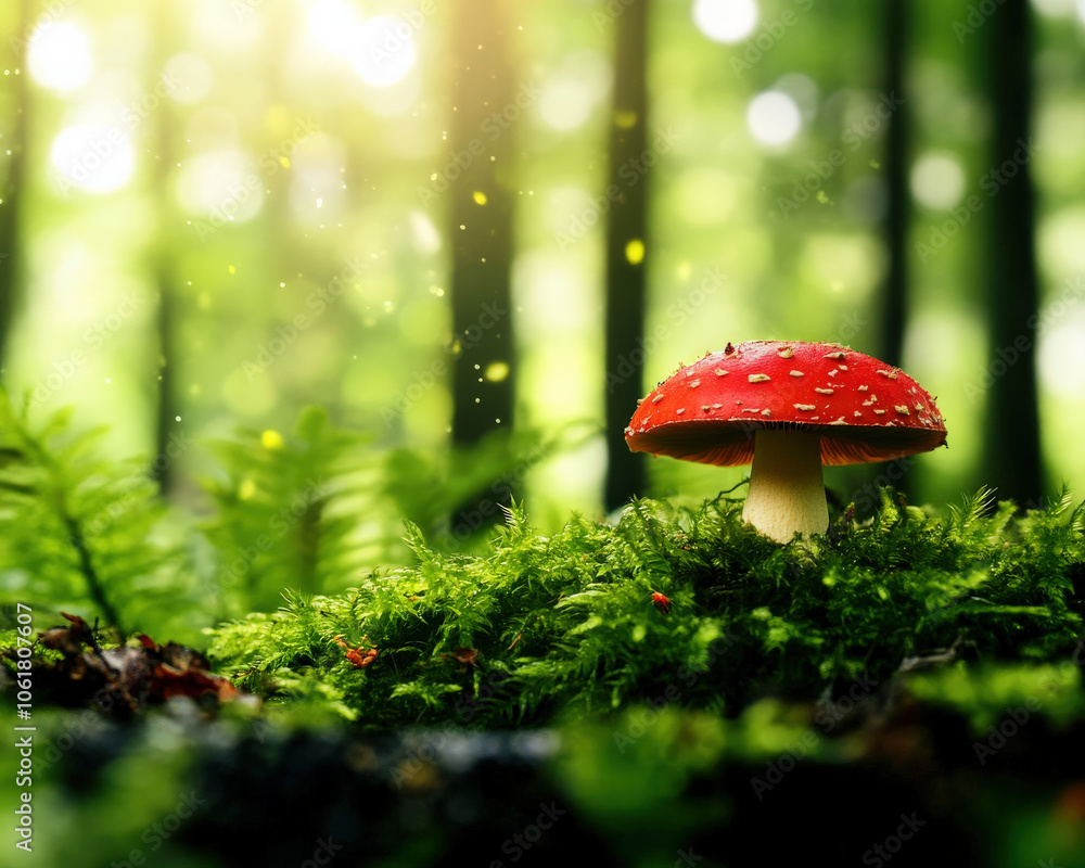 Poster a vibrant red mushroom stands on lush moss in a sunlit forest, surrounded by greenery and soft bokeh