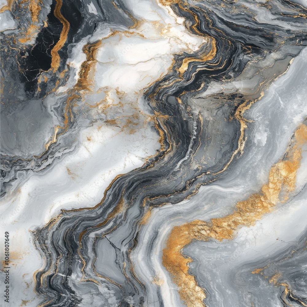 Poster close-up of an elegant marble texture featuring swirling patterns in gray, white, and hints of gold,