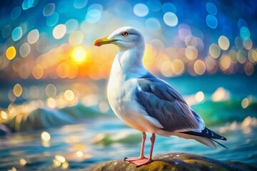 Obraz premium Sea Gull in Oil Brush Digital Painting Style with Bokeh Effect for Stunning Coastal Art, Nature-Inspired Decor, and Serene Beach Landscapes