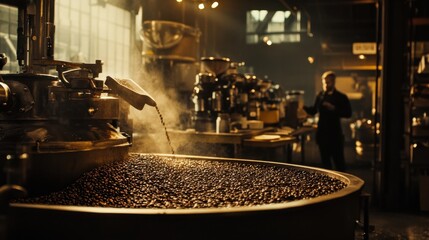 A bustling coffee roasting facility captures the essence of dark, aromatic beans being prepared in the early morning light