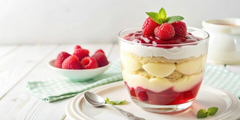 A delectable dessert featuring layers of creamy custard, fluffy cake, and a vibrant raspberry...