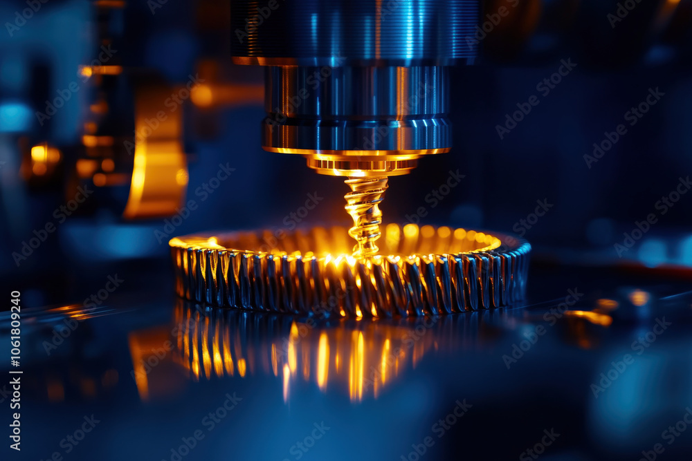 Poster a close-up of precision machining, featuring a glowing tool interacting with a metallic gear, showca
