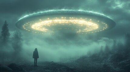 A person stands in front of a large, glowing, alien-like object