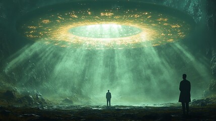A man and a woman stand in front of a large green object in the sky