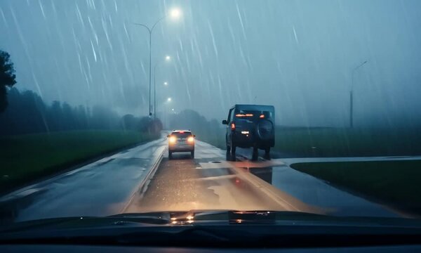 Car driving on a rainy road at dusk with headlights illuminating wet pavement during heavy rainstorm