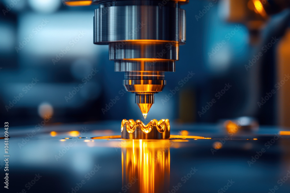 Poster A high-tech laser engraving machine precision-carves a design onto a metallic surface, showcasing intricate details and glowing elements.