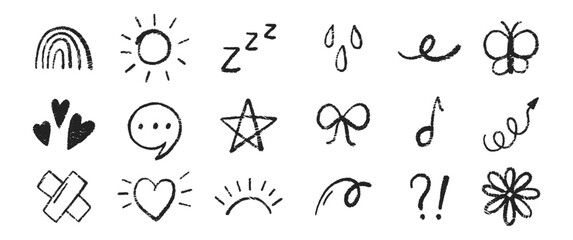 Set of star, flower, butterfly and rainbow with crayon, chalk and pastel texture. Doodle vector illustration.