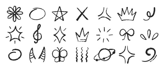 Set of star, flower and crown with crayon, chalk and pastel texture. Doodle vector illustration.