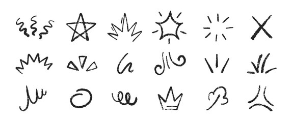 Line movement elements, star, wave with crayon, chalk and pastel texture. Doodle vector illustration.