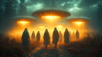 Scene is eerie and mysterious, as the people seem to be in a strange