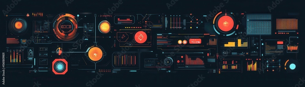 Poster a futuristic control panel featuring colorful graphs, gauges, and data displays, emphasizing technol