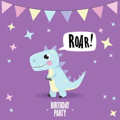 Birthday party greeting card with dino. Vector cartoon illustration.