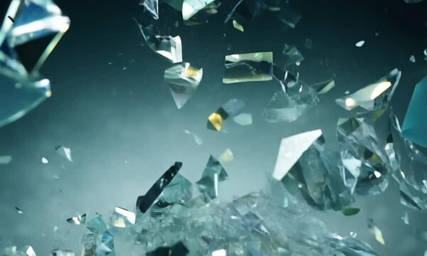 Flying shattered glass pieces suspended in mid air, capturing a dynamic moment of destruction and motion