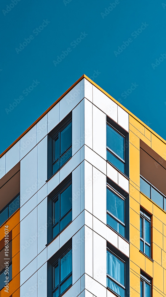 Poster the corner of a modern building with white and yellow walls and blue windows is reaching up to the d