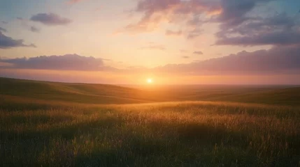 Foto auf Acrylglas Wiese, Sumpf Explore the stunning sunset over the vast Flint Hills, showcasing the endless rolling landscape bathed in warm golden light  © vadosloginov