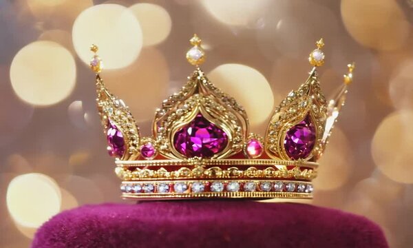 Luxurious golden crown adorned with purple gemstones and intricate details, symbolizing royalty and elegance
