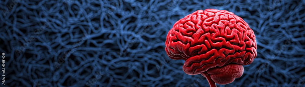 Poster a striking visual of a vibrant red brain set against a dark, intricate background, symbolizing intel