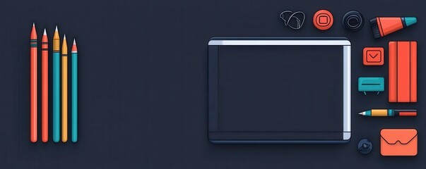 A flat lay of colorful pens and stationery items on a dark background, featuring various tools and a notepad, ideal for study or creative work.