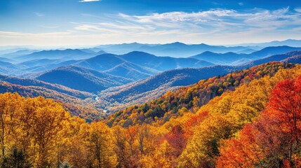 Stunning autumn landscape along the Blue Ridge Parkway showcasing vibrant fall foliage under a clear blue sky